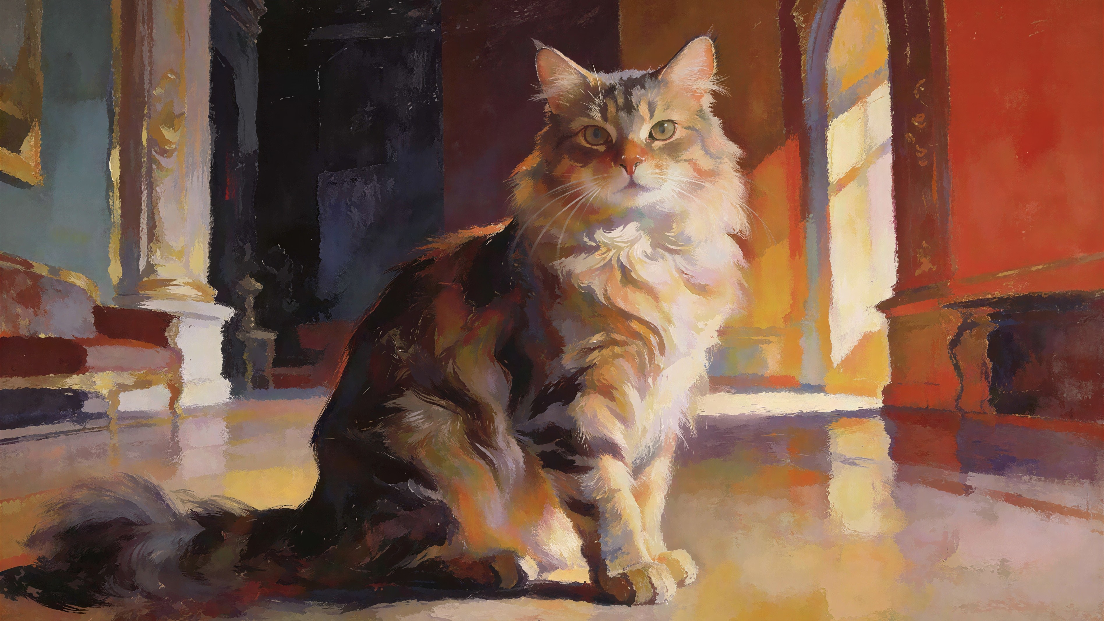 Golden and Brown Tabby Cat in Luxurious Hall Setting