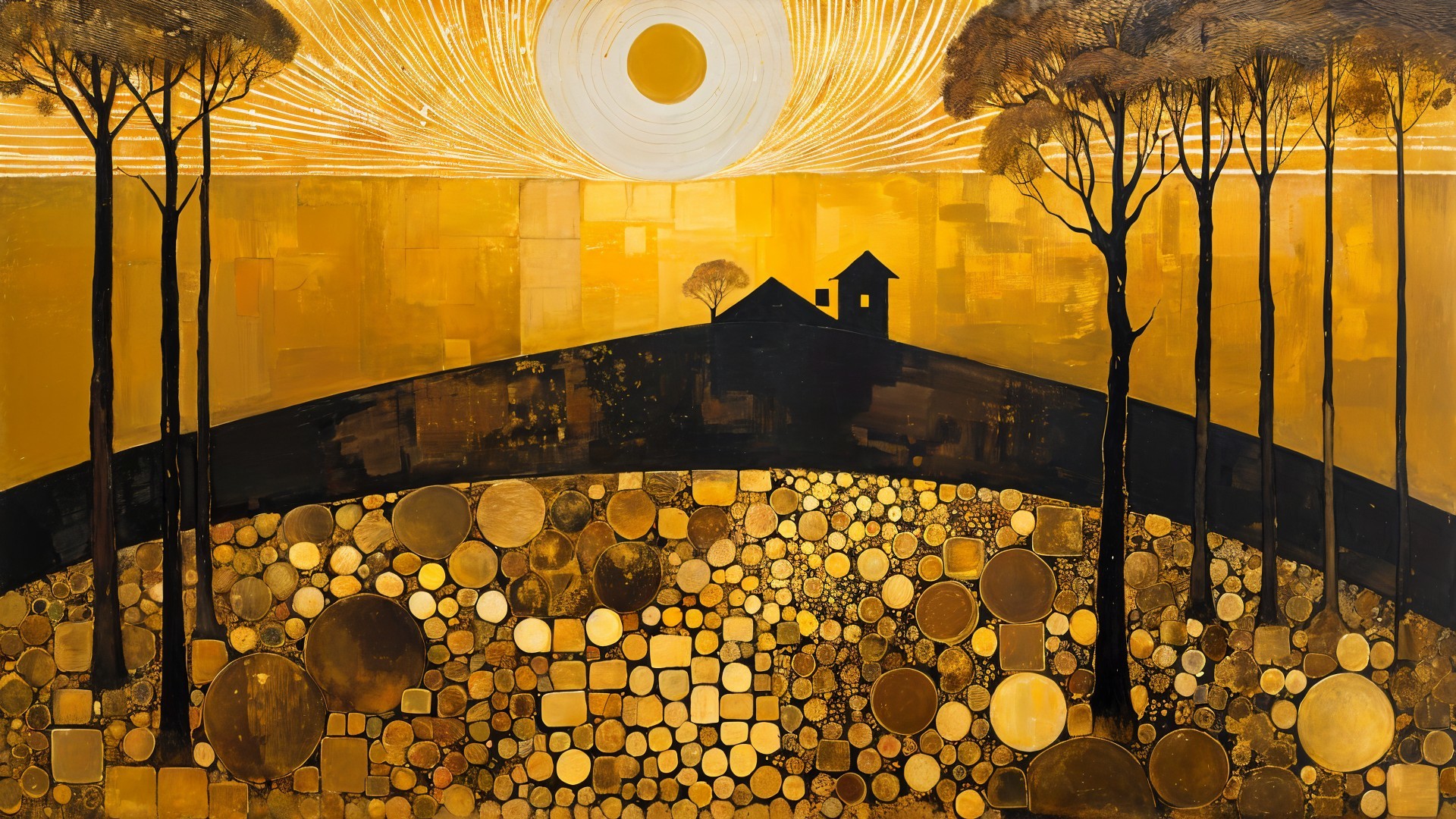 Serene Landscape with Trees and House Under Yellow Sun