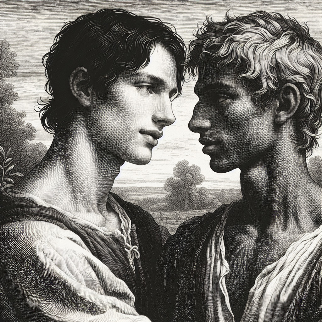 Young men in serene setting with soft light and nature
