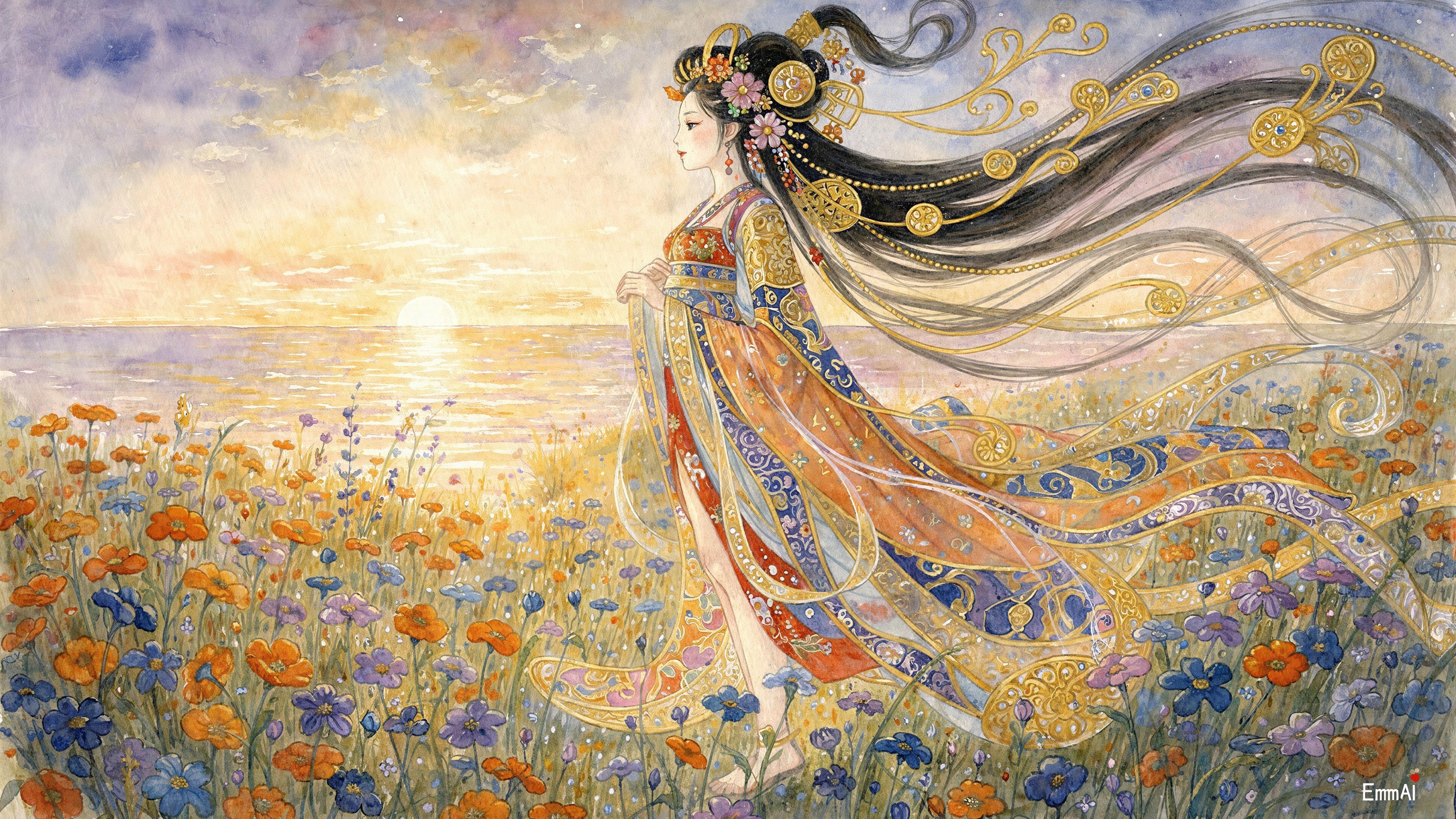 Japanese Woodblock Art of a Geisha in Poppy Field