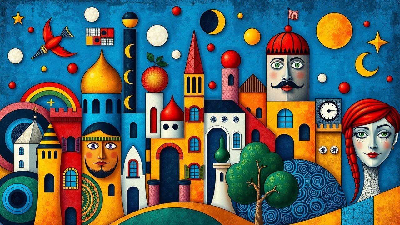 Vibrant Cityscape with Surreal Architecture and Characters