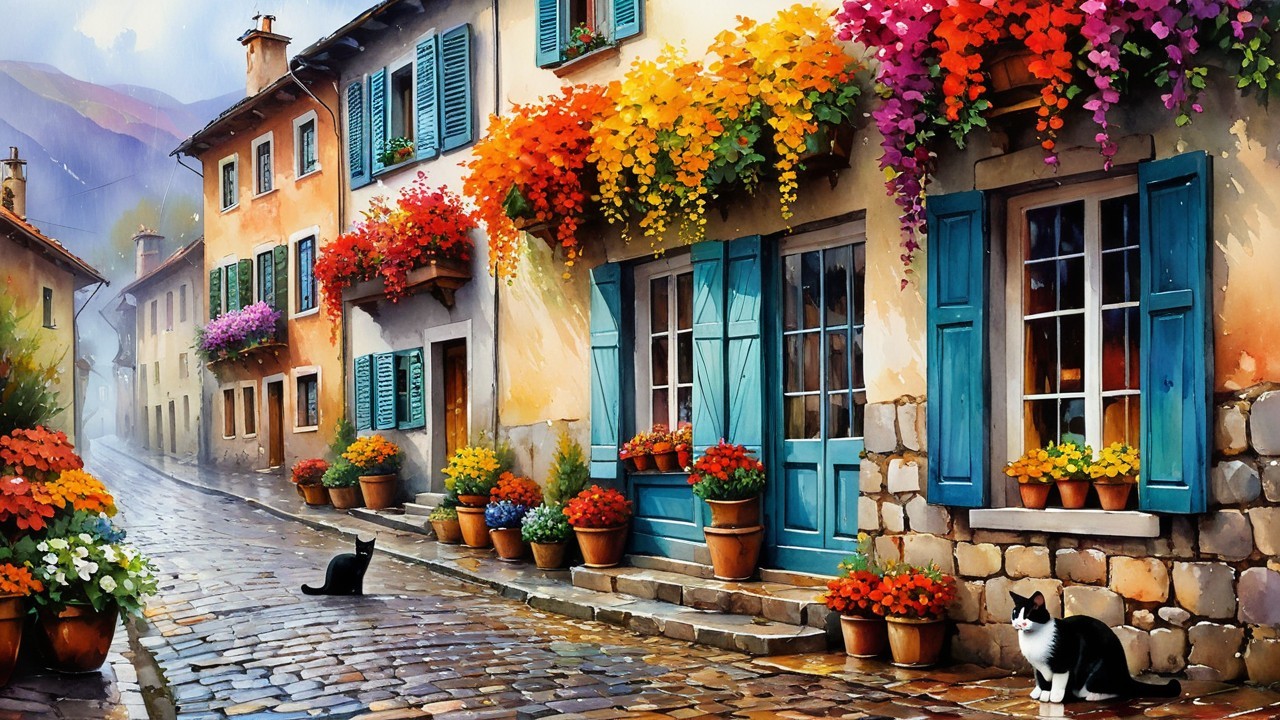 Charming European Street with Flower Boxes and Cats