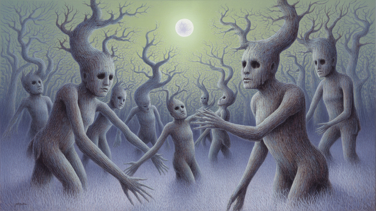 Surreal Moonlit Forest with Ghostly Tree Figures