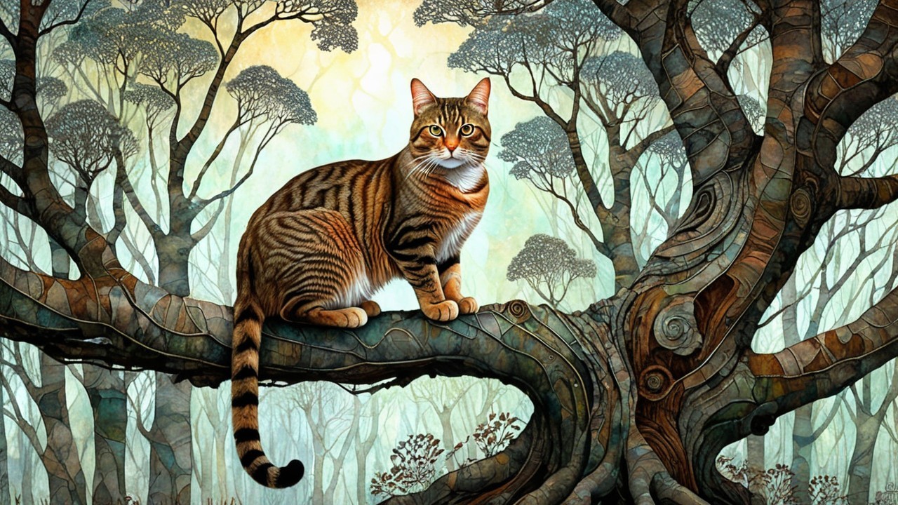 Illustration of a tabby cat in a mystical forest setting