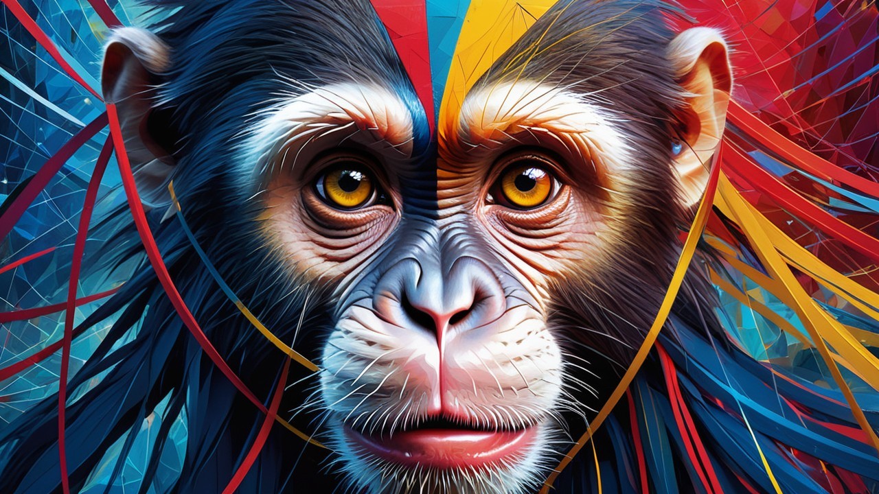 Hyper-detailed monkey face with vibrant abstract background