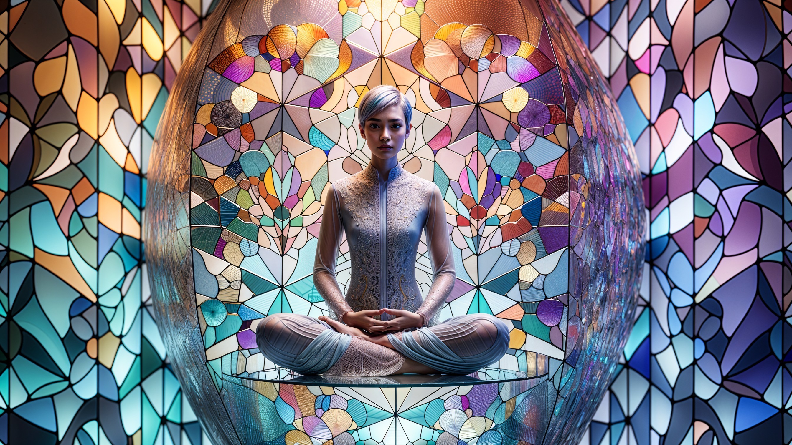Meditative Figure in Vibrant Stained Glass Enclosure