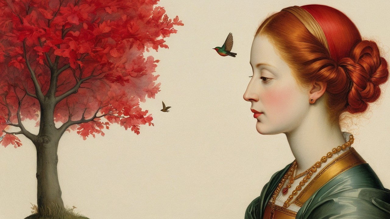 Profile of a woman with red hair among autumn leaves