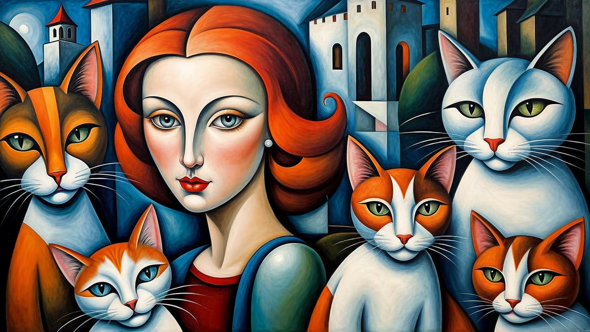 Colorful Artwork of Woman with Cats and Buildings