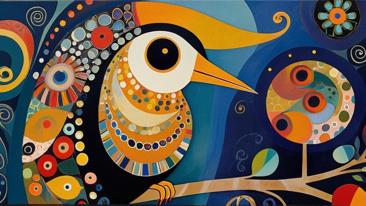Vibrant Bird on Branch in Whimsical Landscape Art