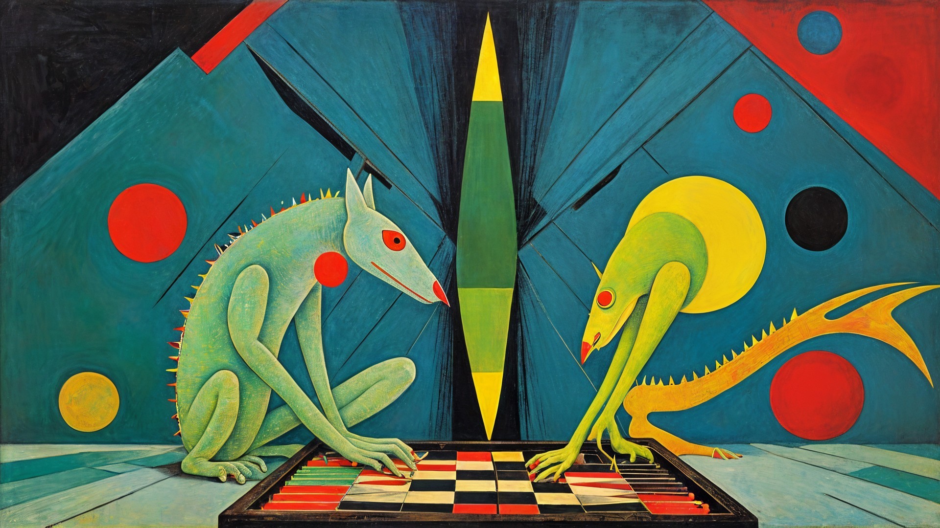 Stylized Creatures Playing Chess on Geometric Background