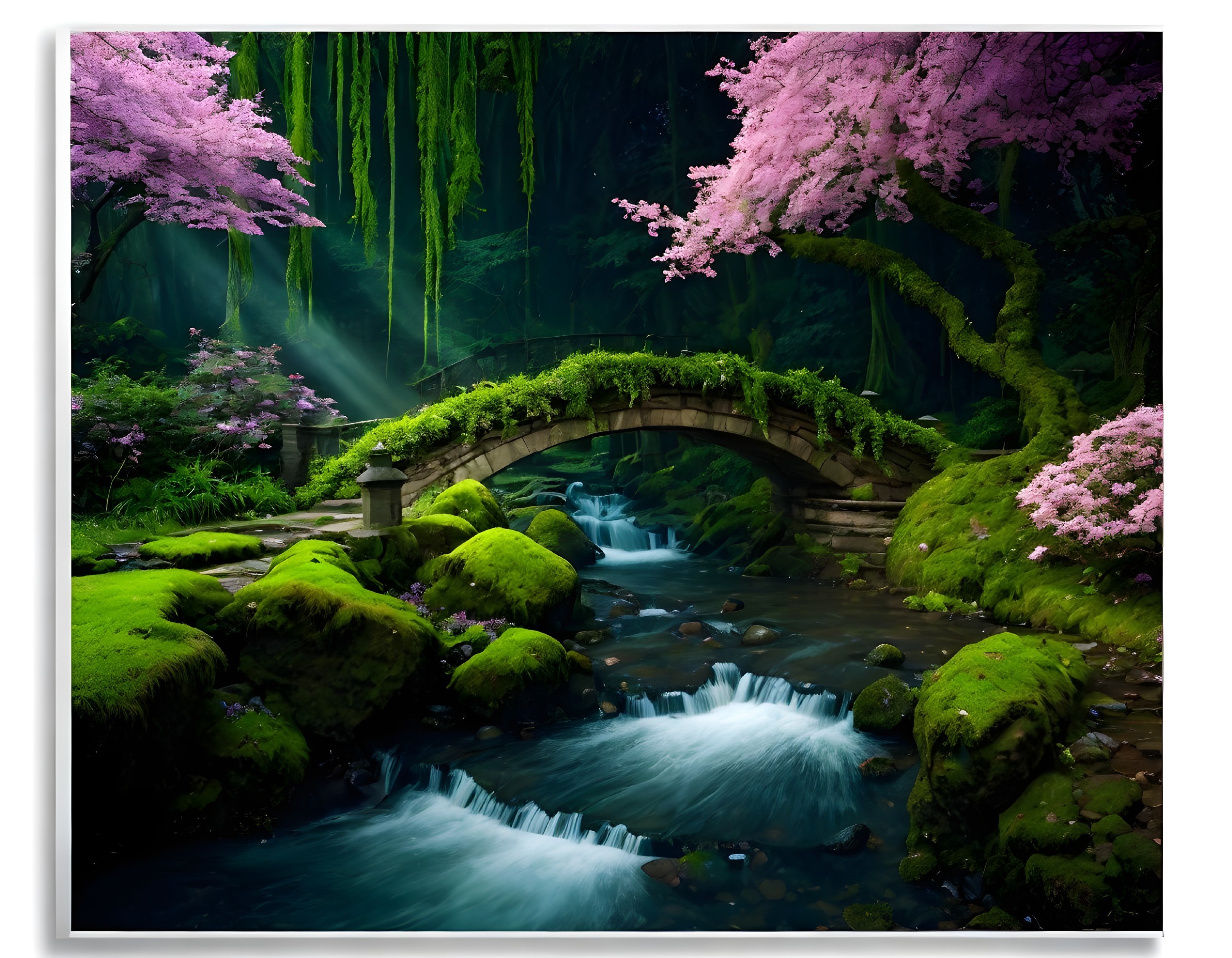 Serene Landscape with Stone Bridge and Cherry Blossoms