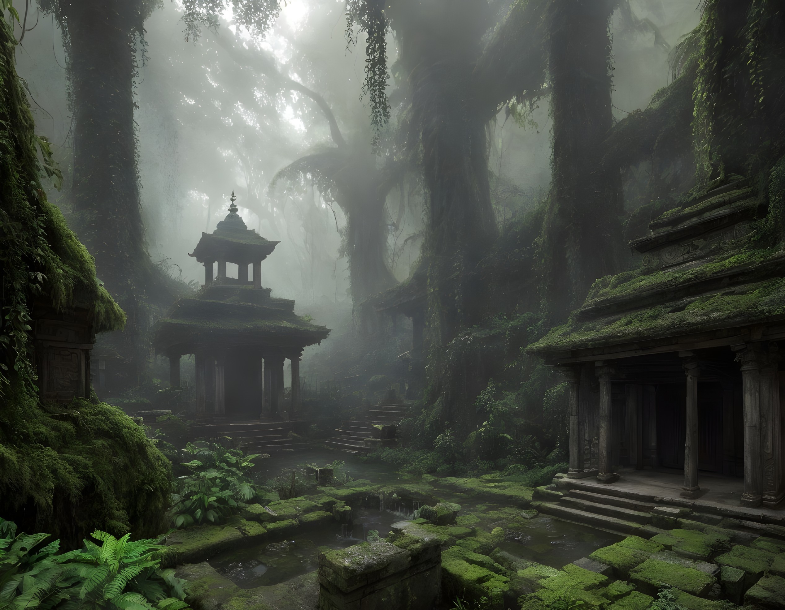 Mystical Overgrown Temple Complex Surrounded by Fog