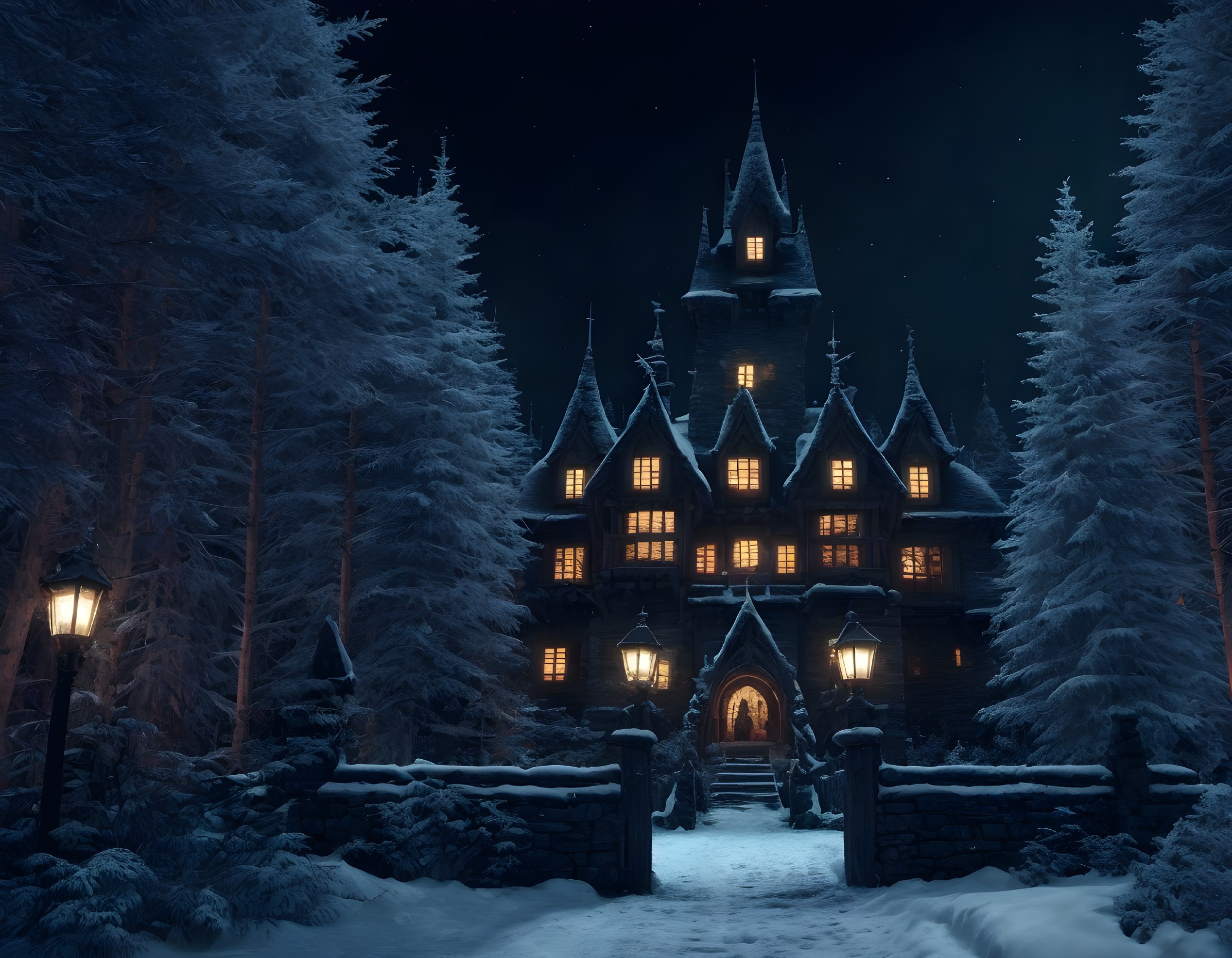 Gothic Mansion Under Starry Night with Snowy Pines