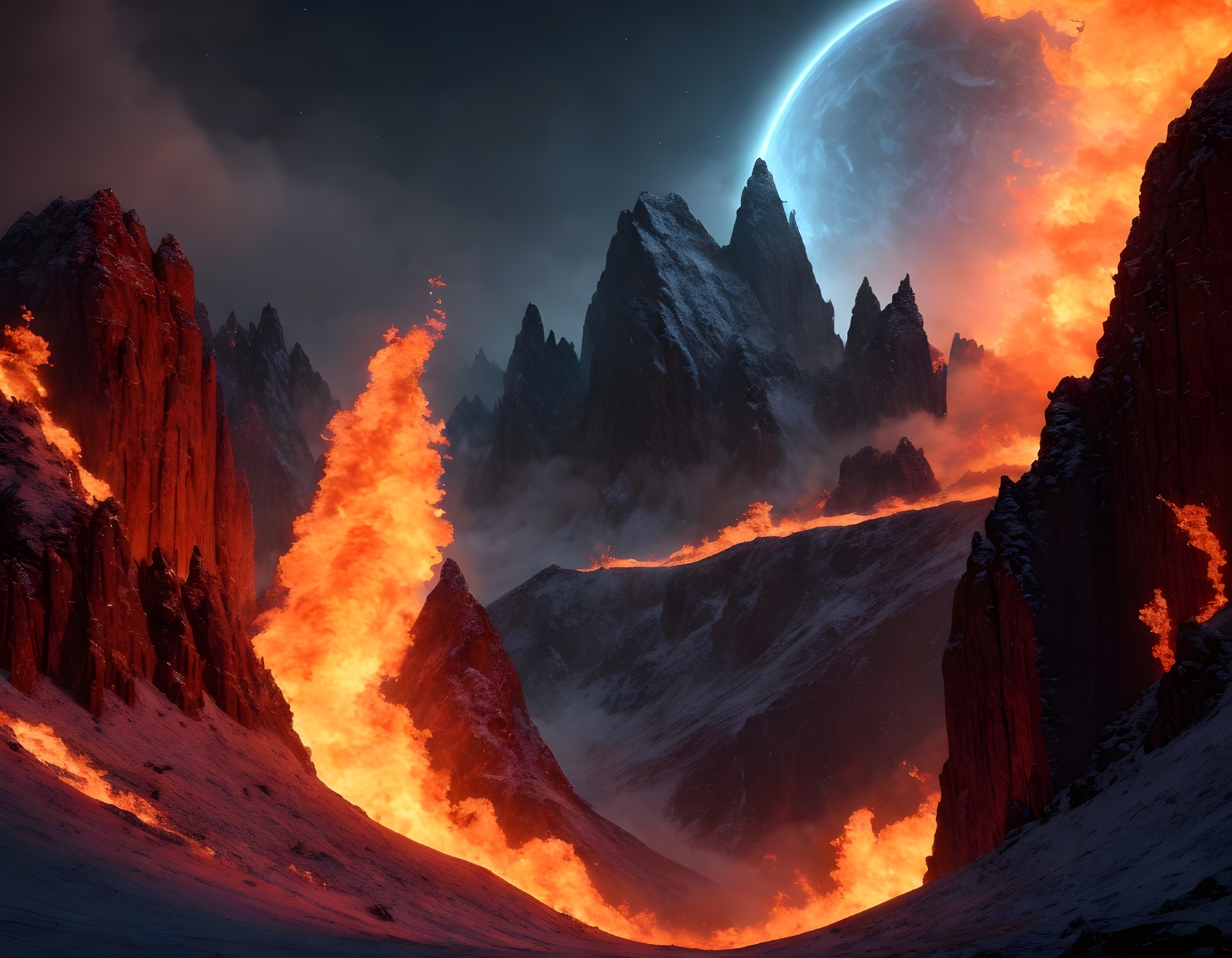 Fiery Landscape with Lava and Glowing Blue Planet