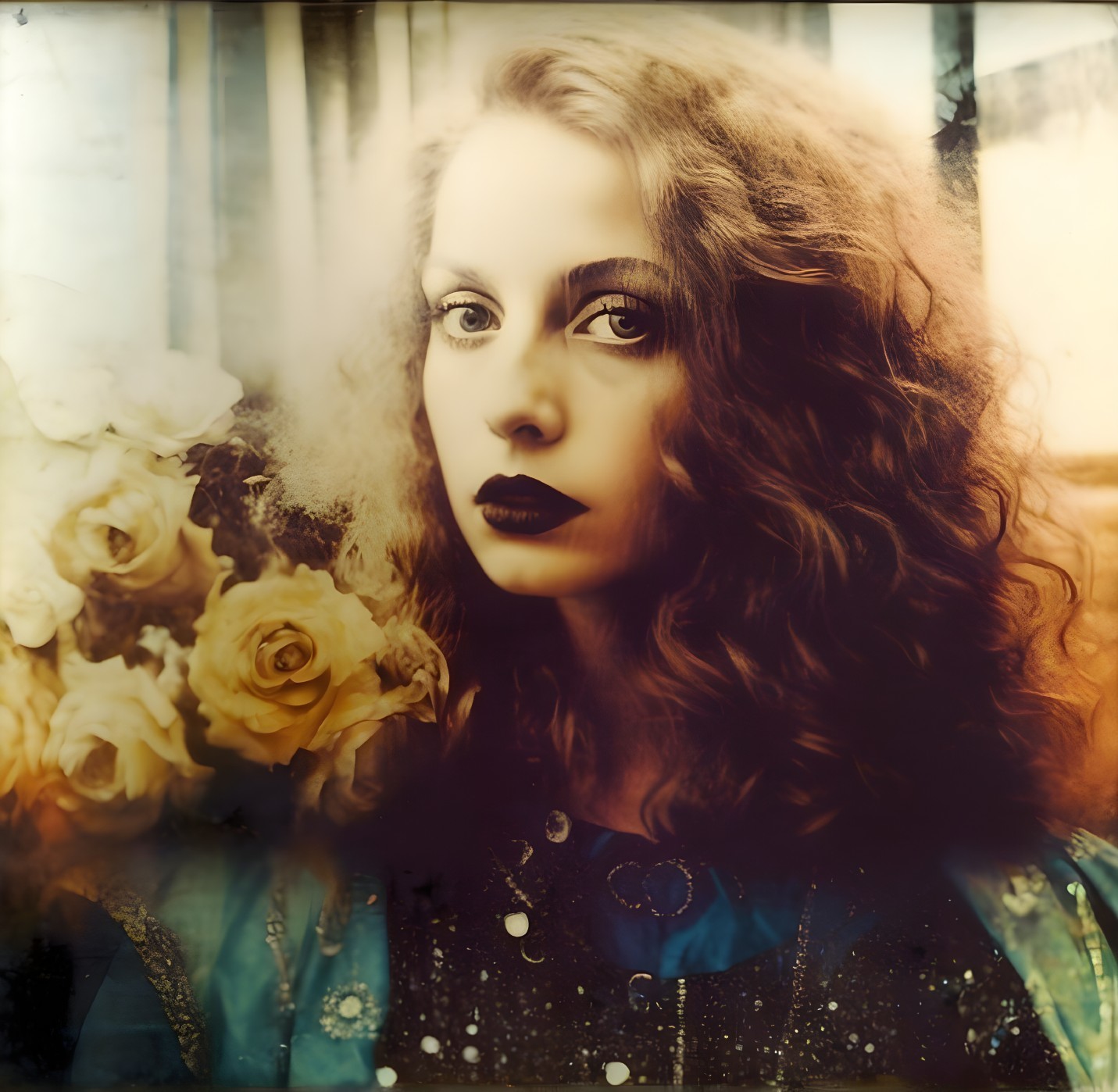 Woman with curly hair in blue outfit and roses