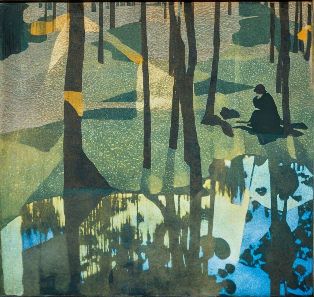Stylized Forest Scene with Reflective Surface and Figure
