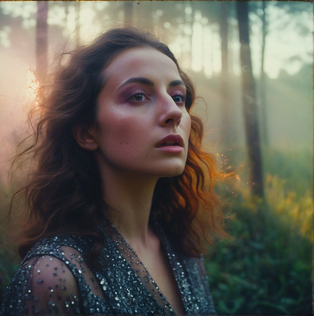 Woman in sequined top in a misty forest setting