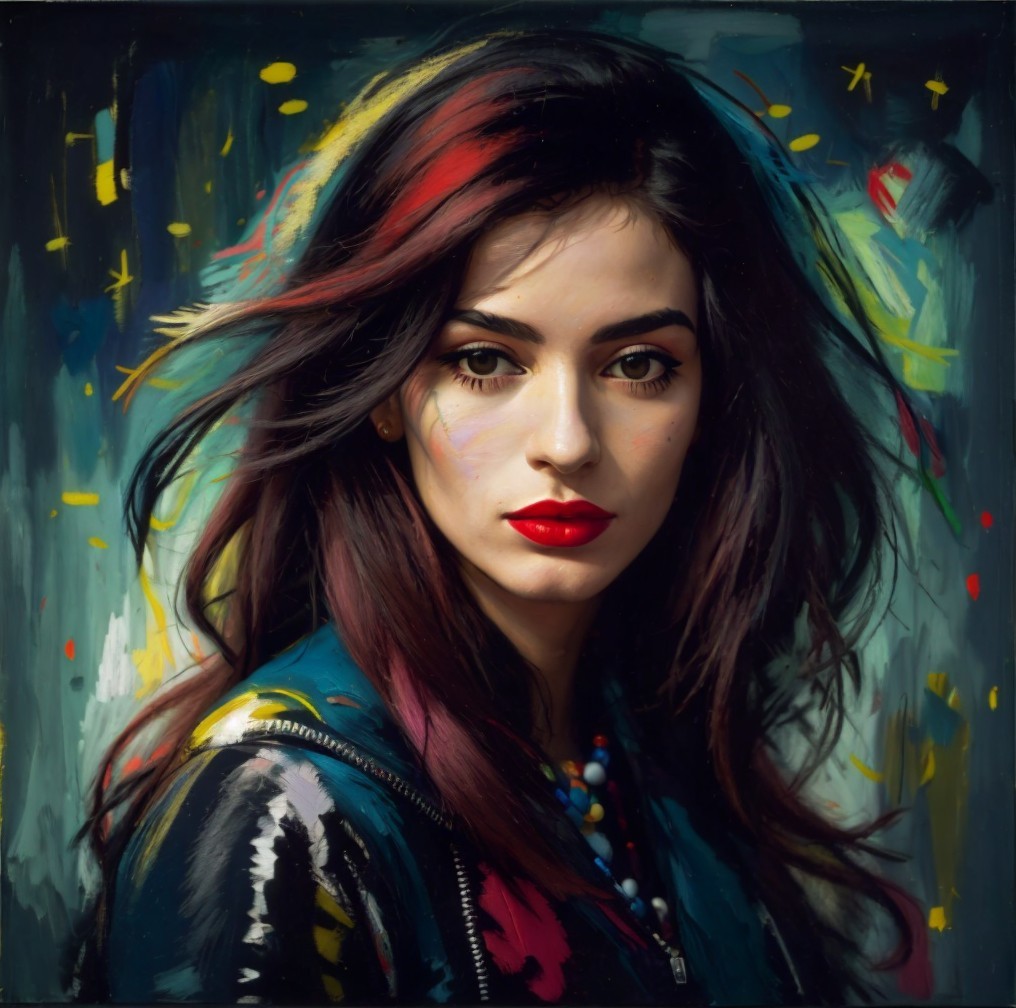 Portrait of a Young Woman with Dark Hair and Red Accents