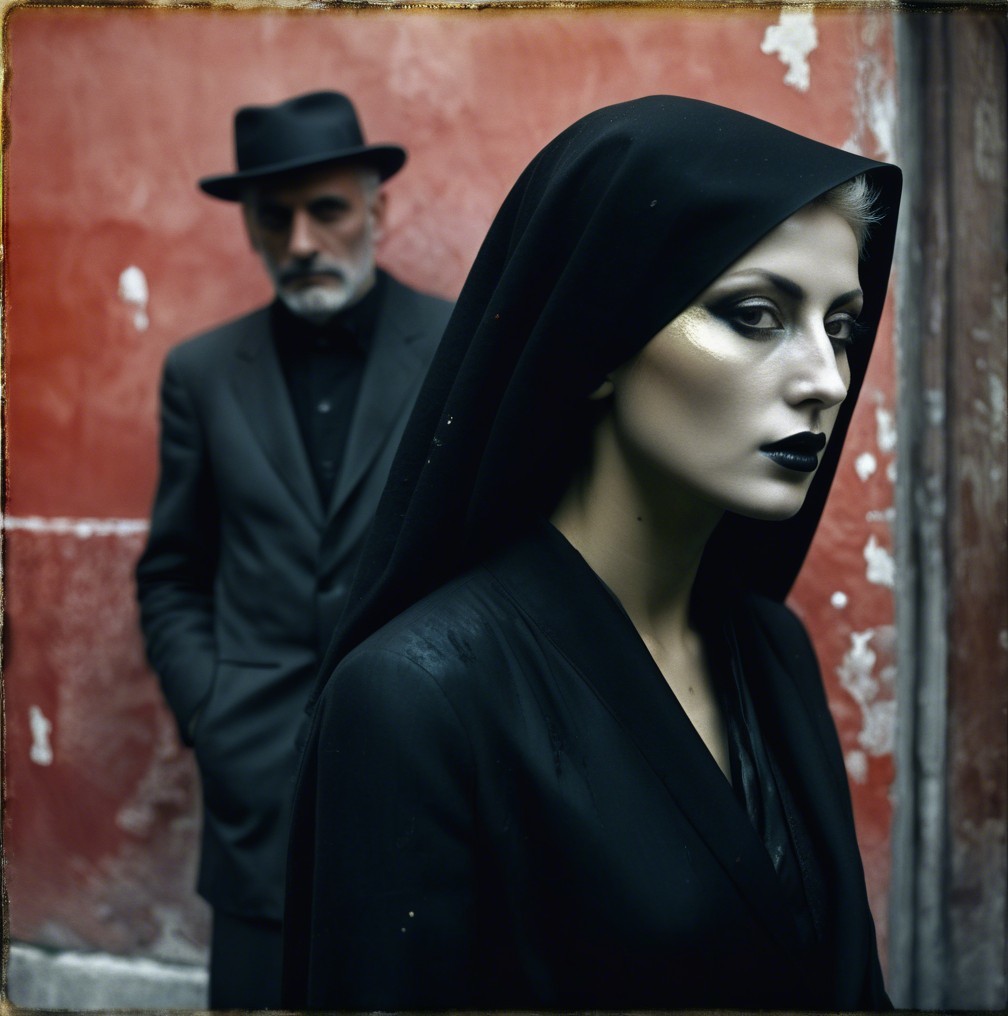 Somber Woman in Black Against Mysterious Background