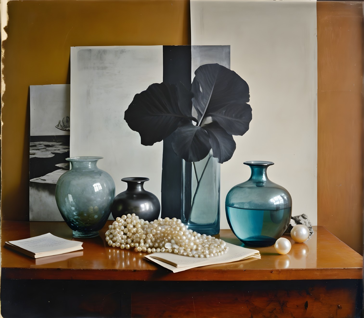 Elegant Still-Life with Glass Vases and Pearls