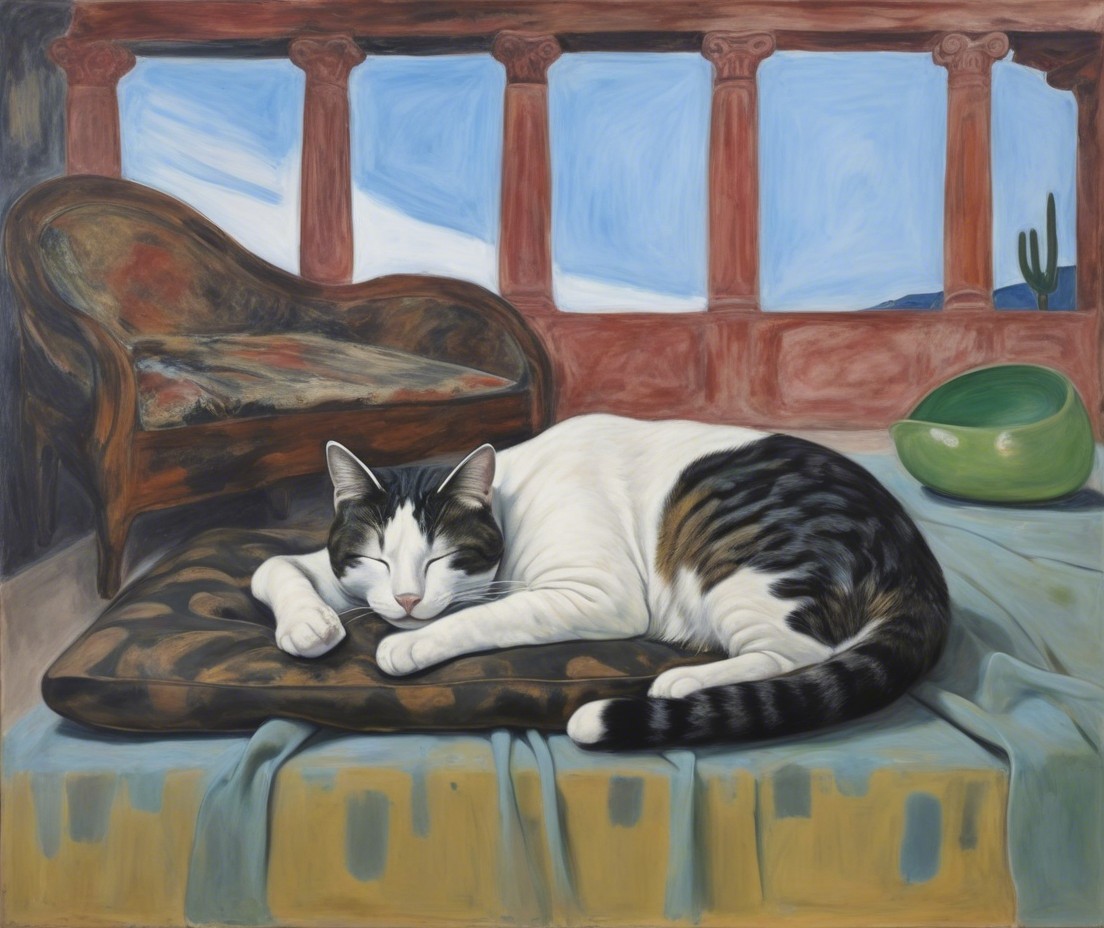 Indoor Scene with Sleeping Cat and Colorful Decor