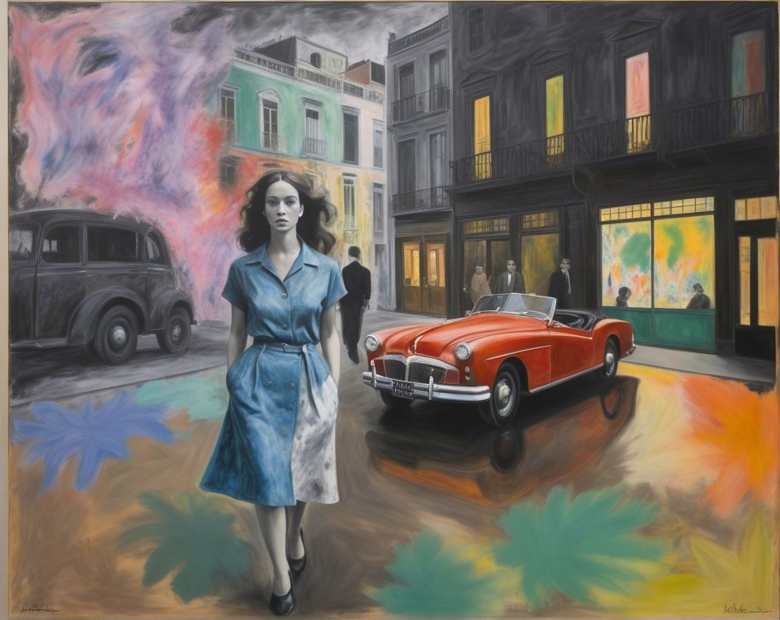 Young Woman in Blue Dress on Vibrant Street Scene
