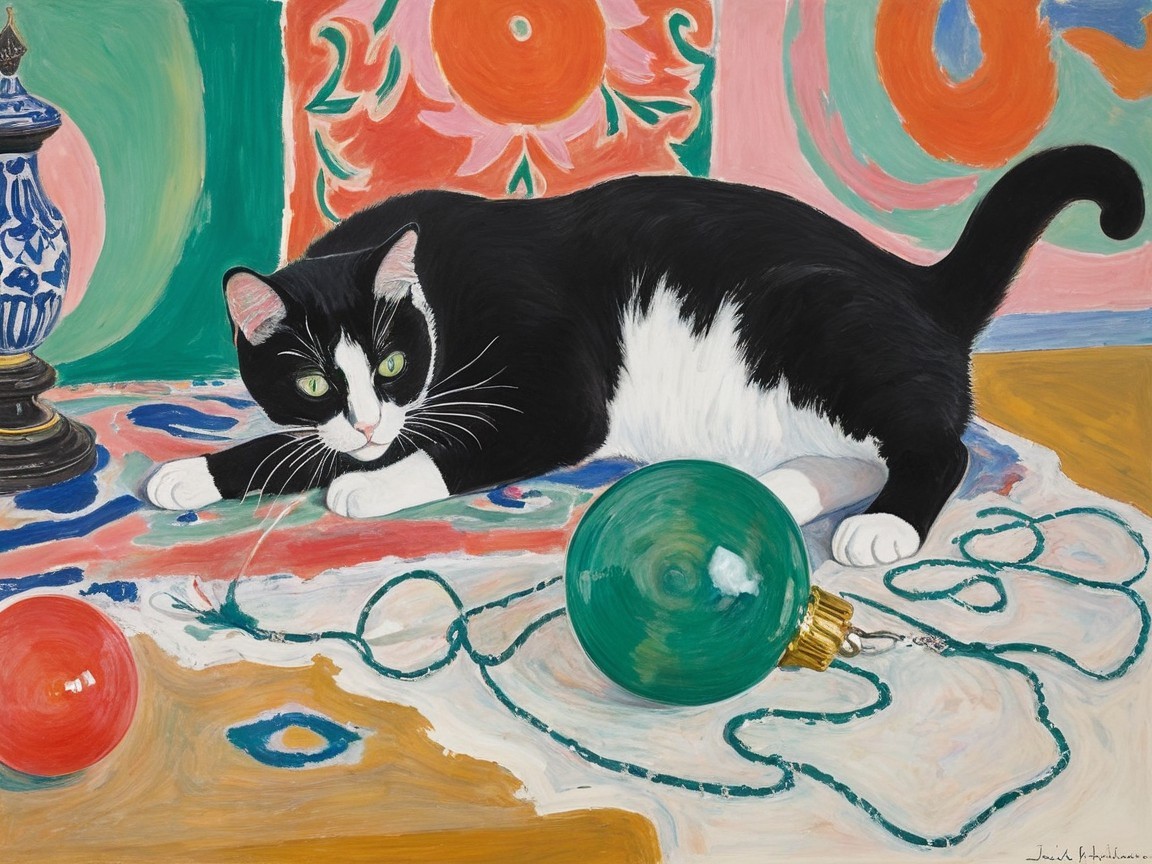 Black and white cat on colorful patterned surface