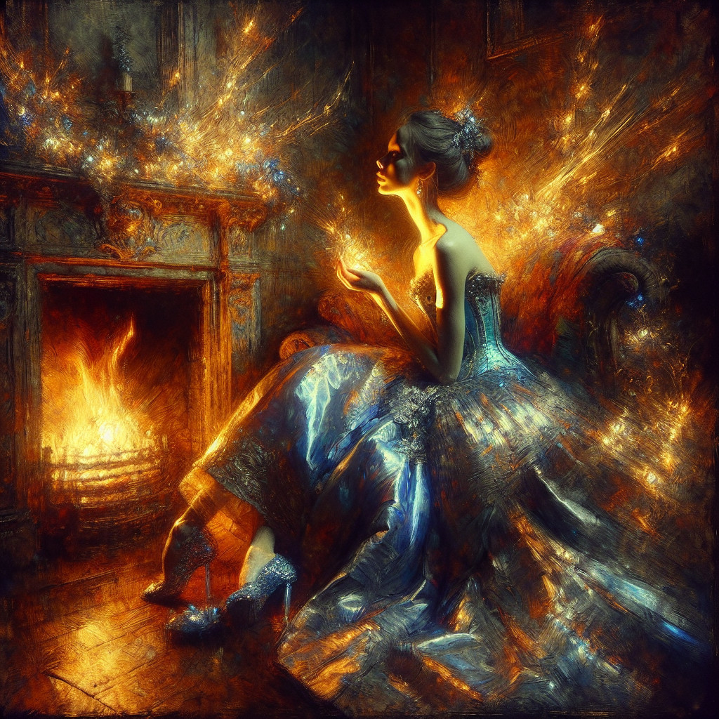 Woman in strapless blue gown holding glowing orb