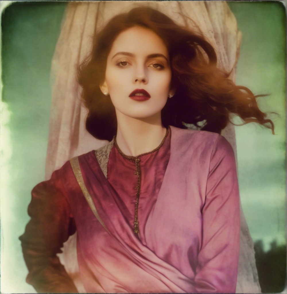 Woman with Chestnut Hair in Vibrant Purple Garment