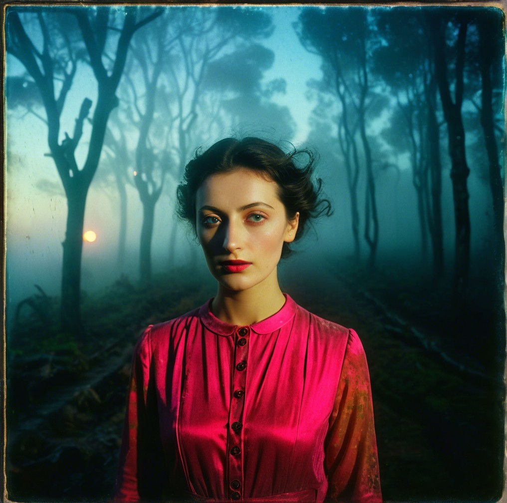 Young Woman in Pink Dress in Misty Forest Setting