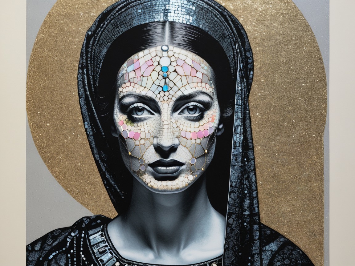 Portrait of a Woman with Mosaic Face Embellishments