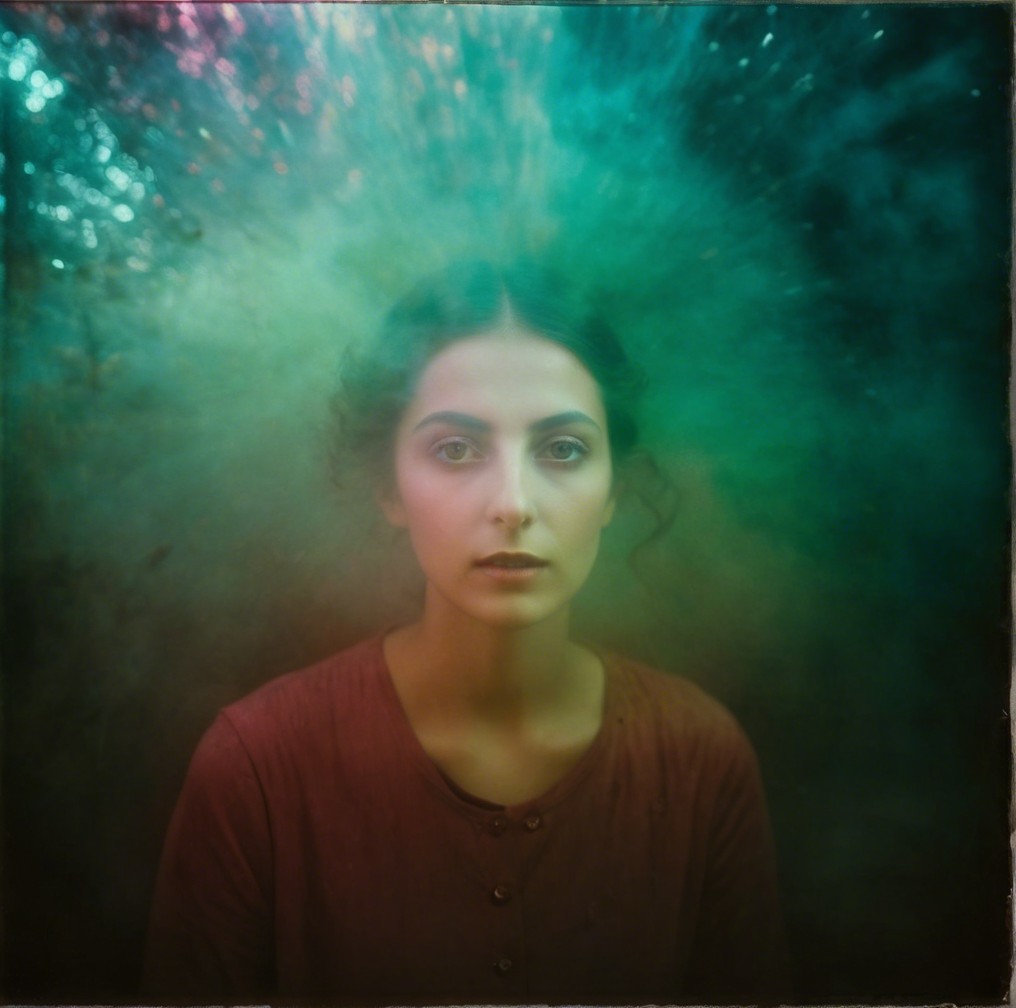 Young Woman in Serene, Dreamlike Colorful Setting
