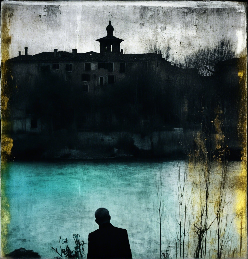 Solitary Figure by Serene Water with Ominous Background