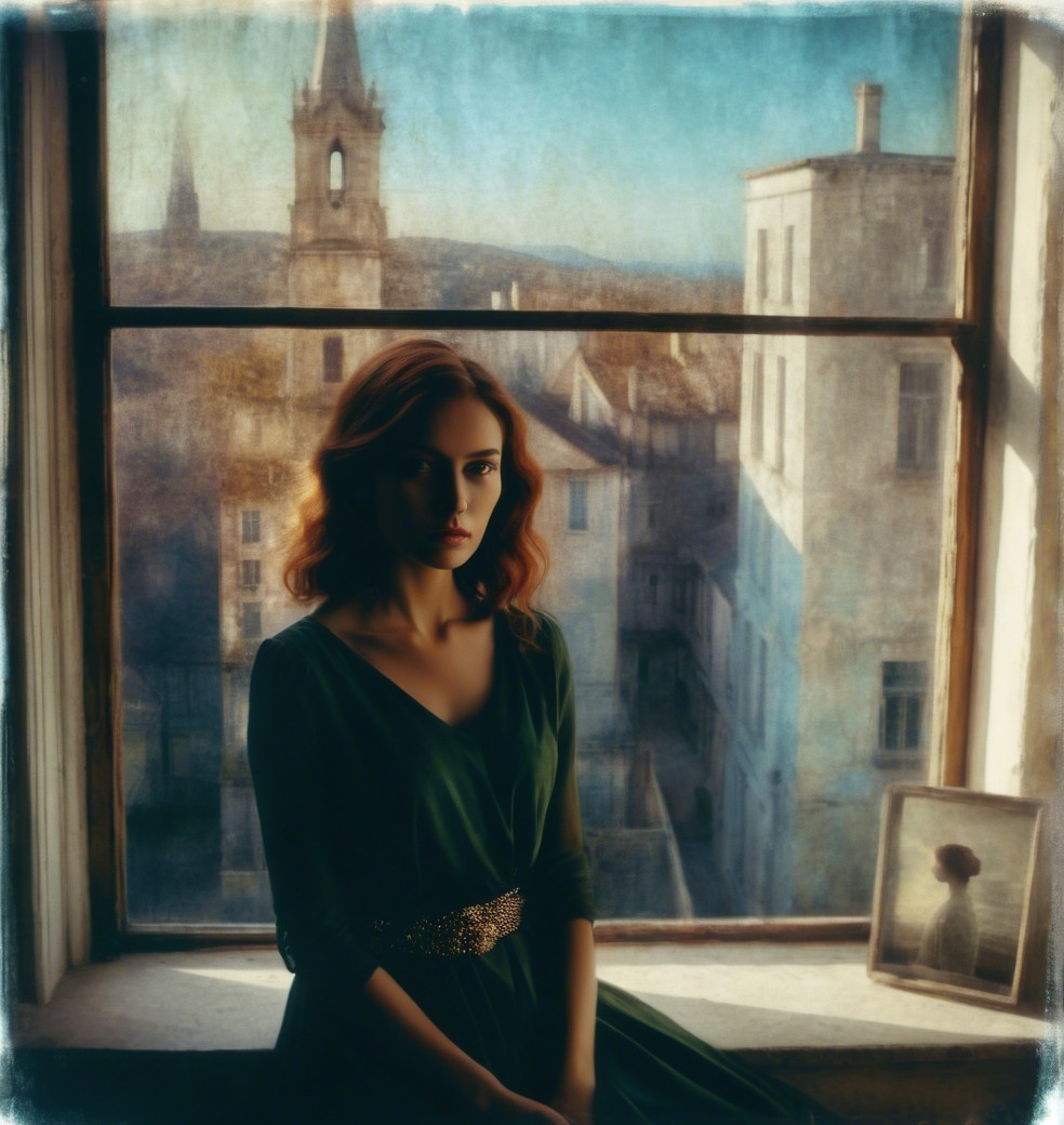 Young woman in dark green dress by large window