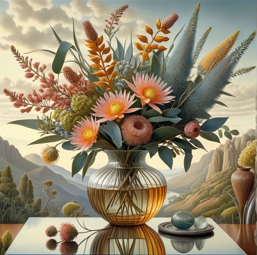 Digital Painting of Flowers in Glass Vase with Landscape