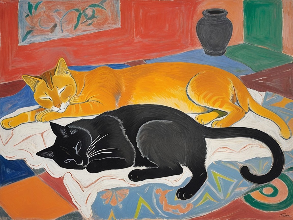 Two Cats Resting on Colorful Patterned Blanket