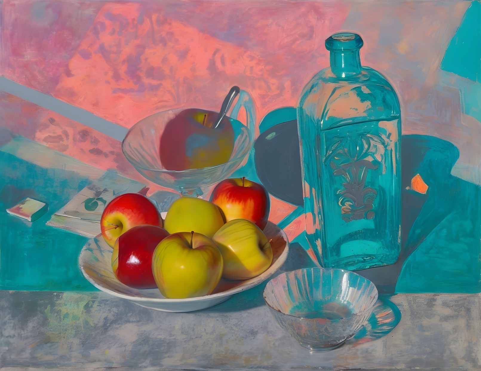 Vibrant Still Life with Colorful Apples and Glassware