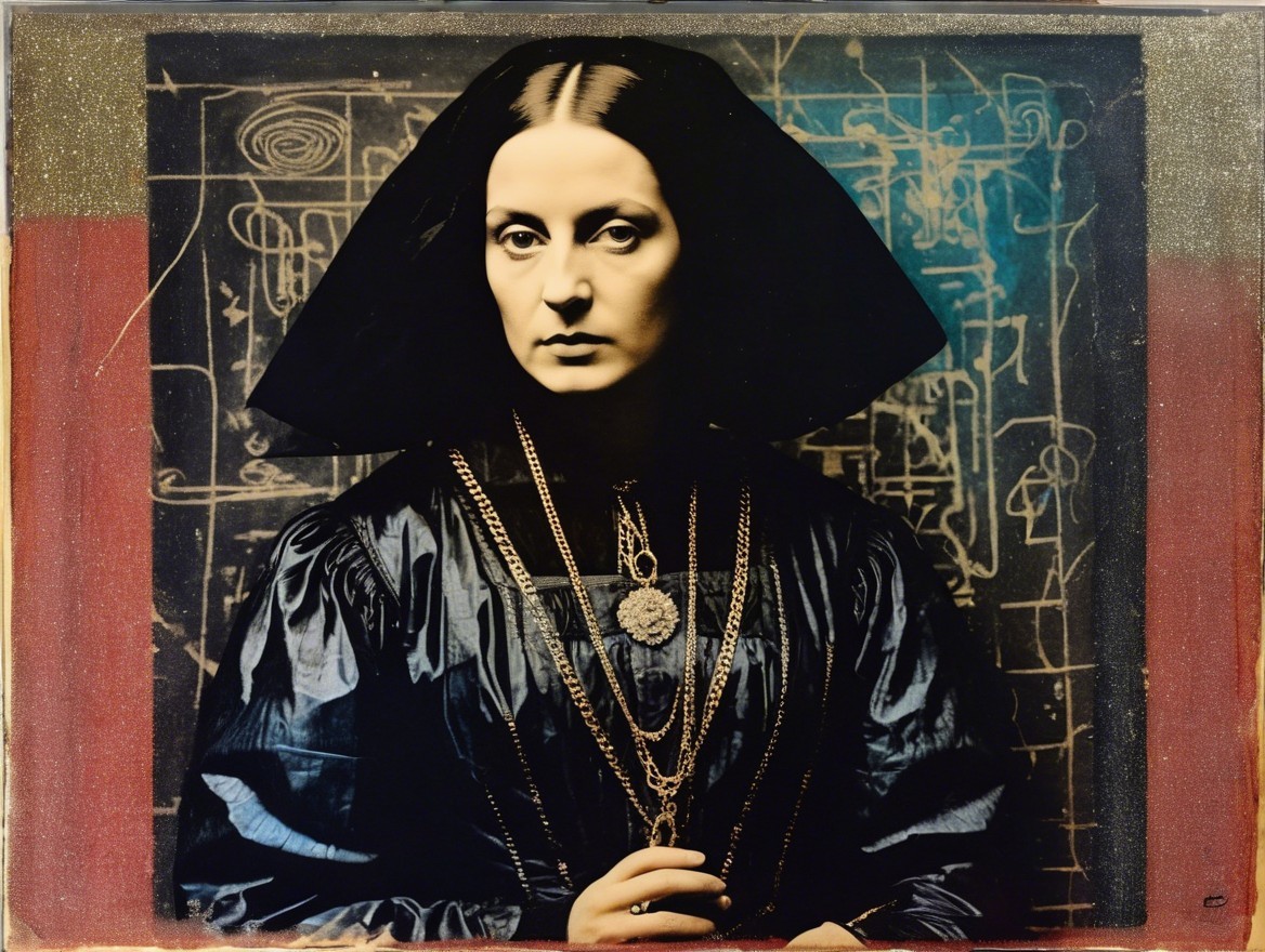 Woman in Elegant Dark Outfit with Abstract Background