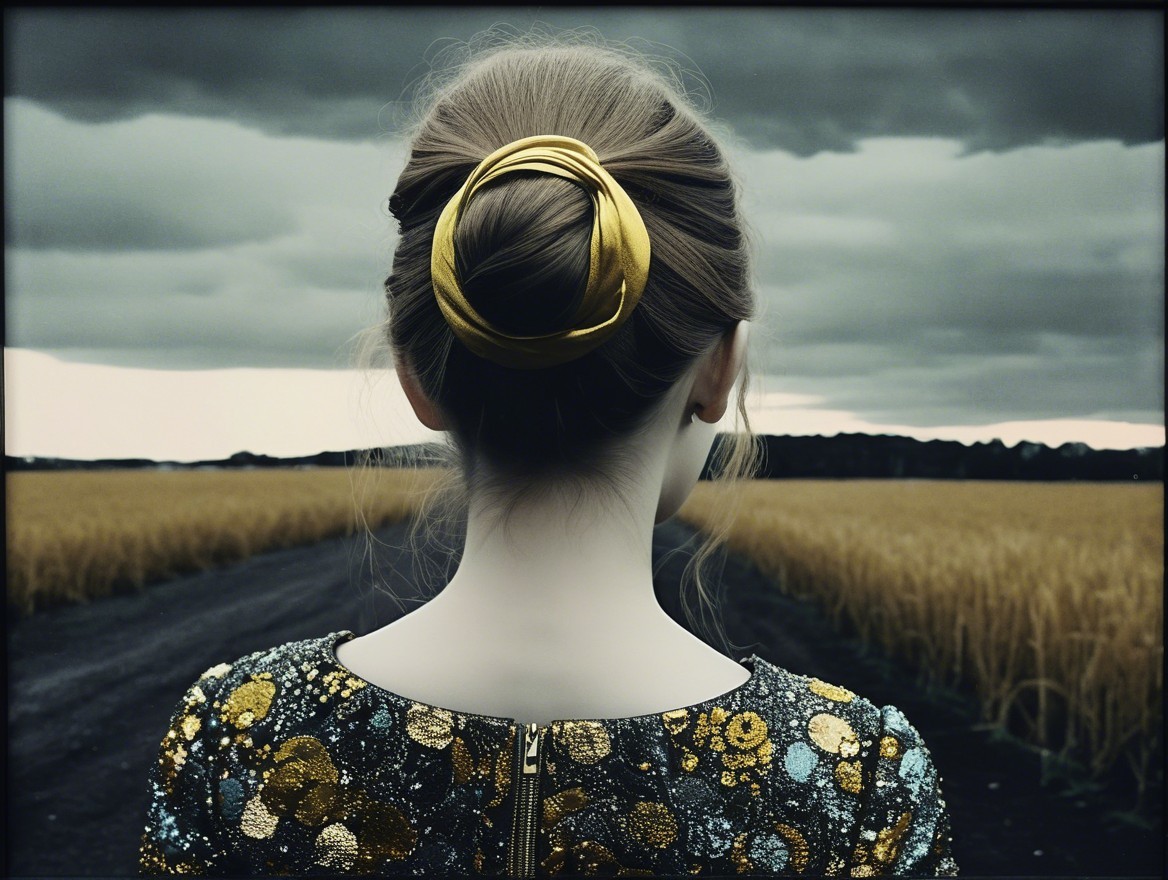 Young Woman in Elegant Dress Overlooking Golden Field