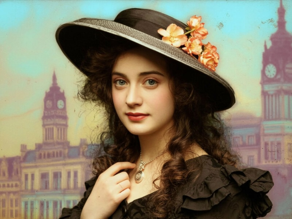 Young woman in elegant black outfit with hat and cityscape