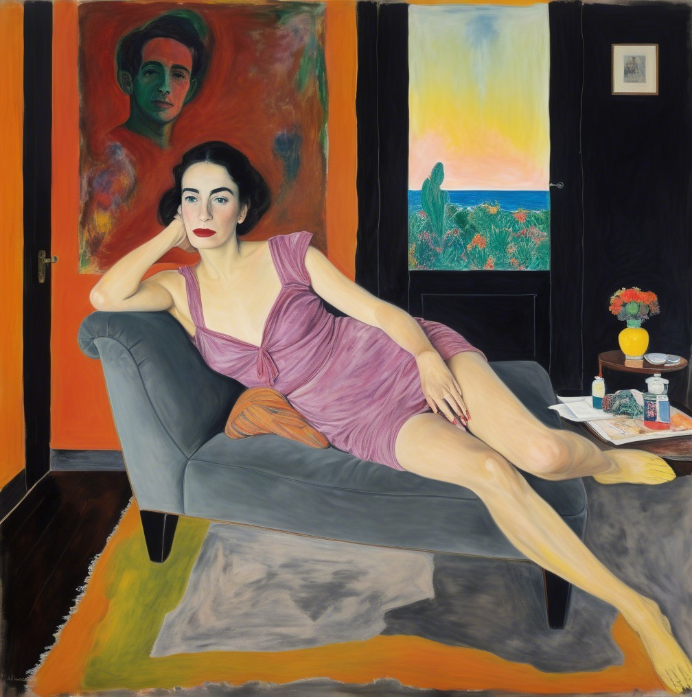 Woman in Lavender Dress Reclining on Gray Couch