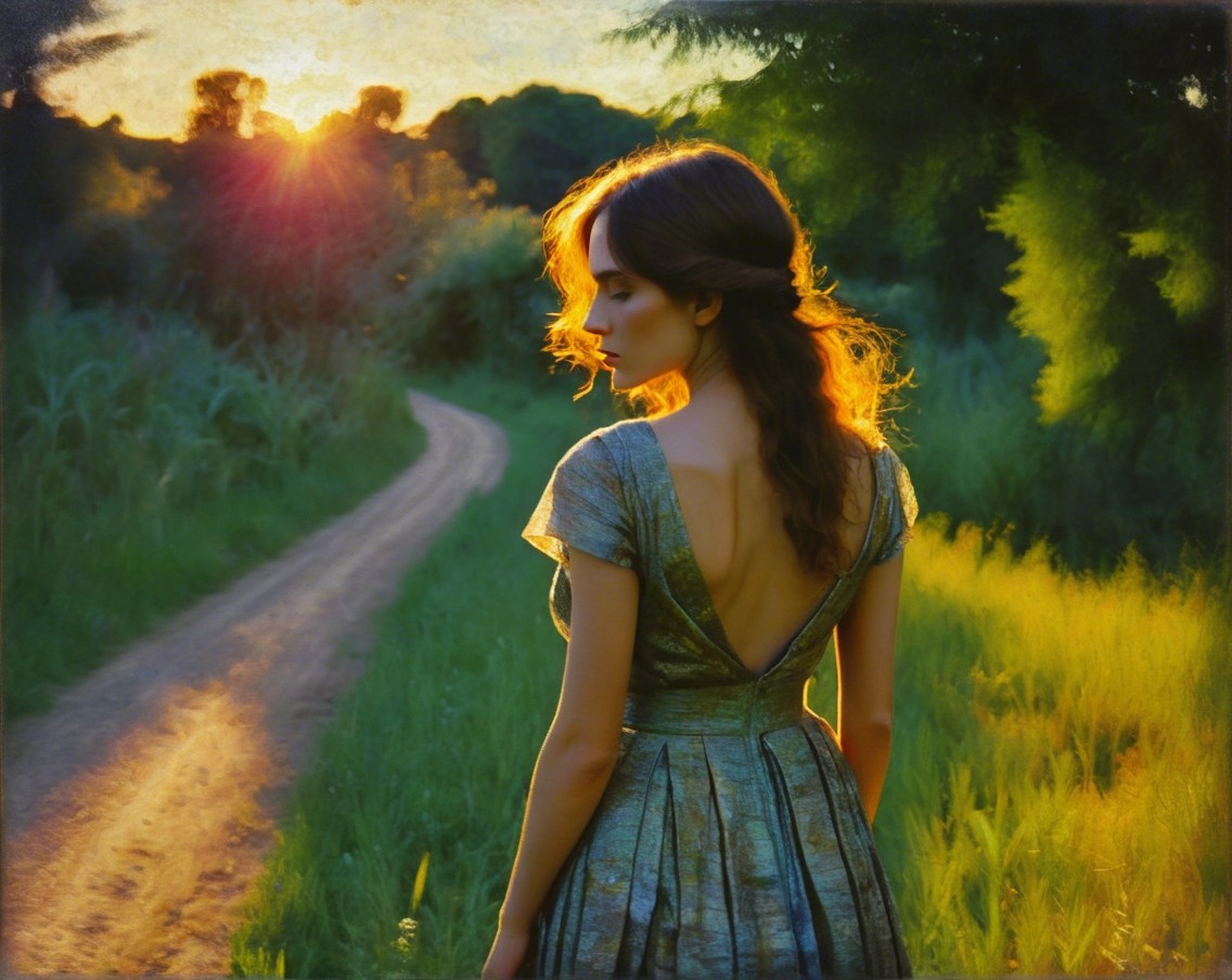 Young woman in backless dress on serene dirt path