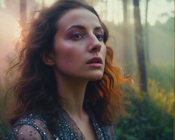 Woman in sequined top in a misty forest setting