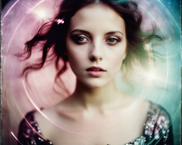 Young woman with expressive eyes in dreamy setting