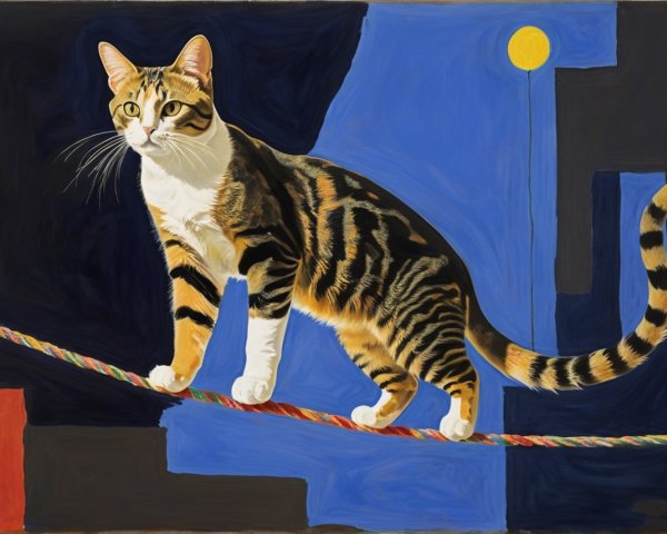Vibrant Cat on Colorful Tightrope with Geometric Shapes