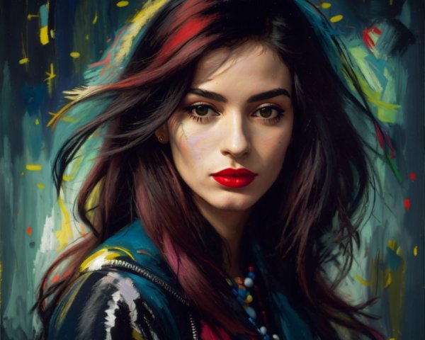 Portrait of a Young Woman with Dark Hair and Red Accents