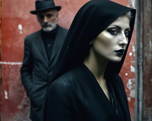 Somber Woman in Black Against Mysterious Background