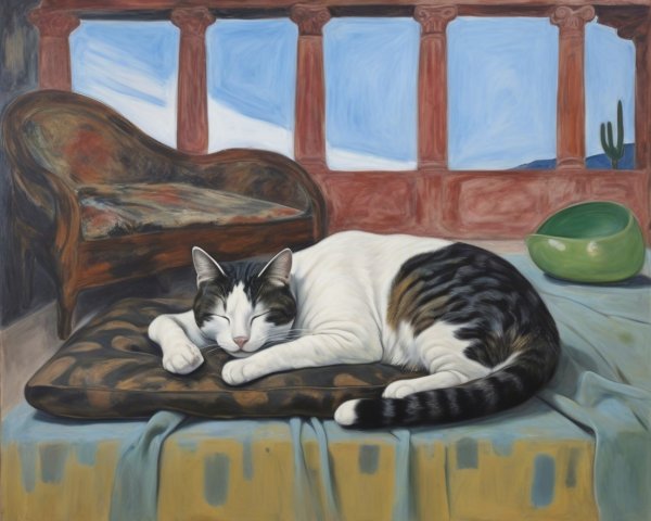 Indoor Scene with Sleeping Cat and Colorful Decor