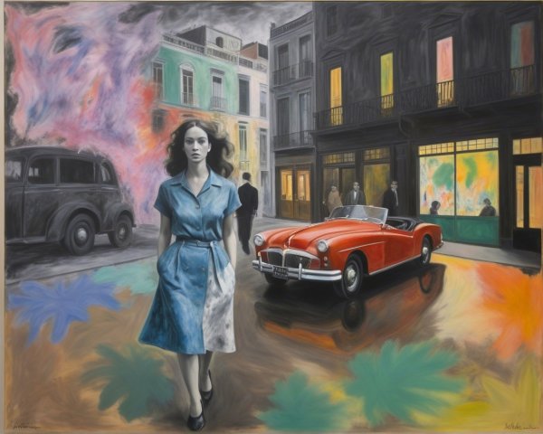 Young Woman in Blue Dress on Vibrant Street Scene