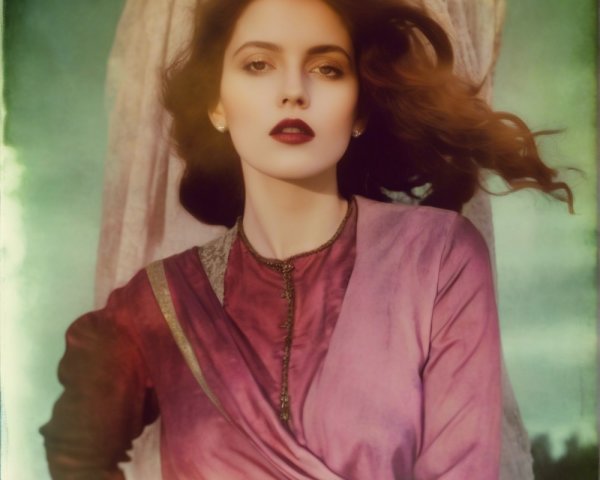 Woman with Chestnut Hair in Vibrant Purple Garment
